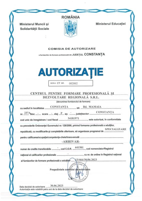 autorizatie arhivar