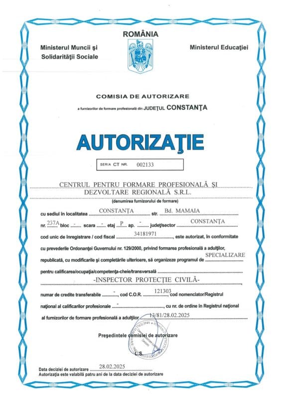 autorizatie inspector protectie civila