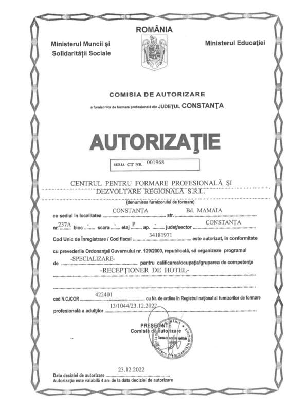 autorizatie receptioner hotel