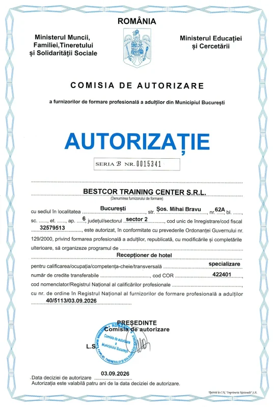 Autorizatie Receptioner de hotel web